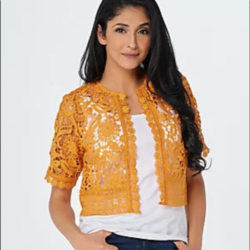 Isaac Mizrahi Live! Lace Cropped Shrug with Trim Detail